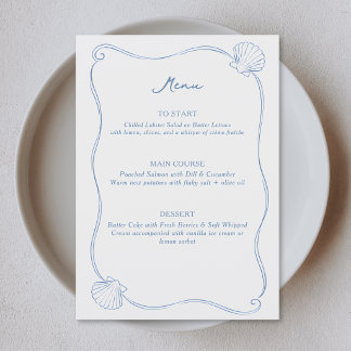 Hand Drawn Seashells Coastal Blue and White Menu