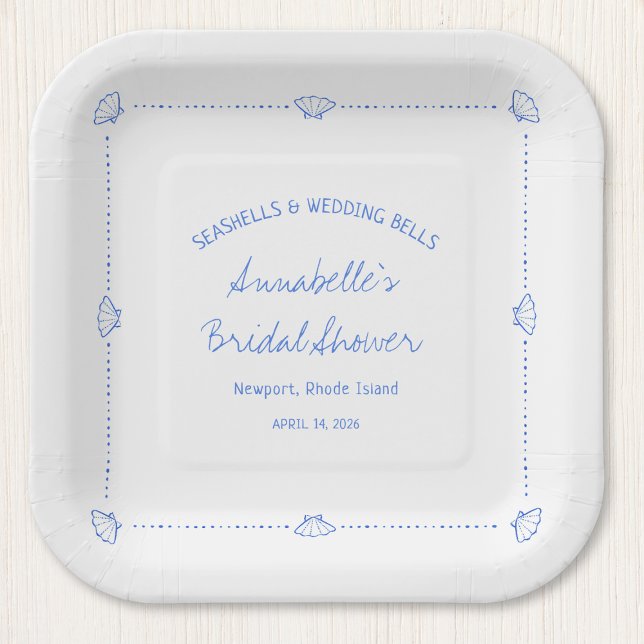 Hand Drawn Seashells & Wedding Bells Bridal Shower Paper Plate (Creator Uploaded)