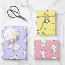 HAND DRAWN SHEEP STAR AND TEDDY BEAR GIFT WRAP