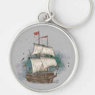 Hand Drawn Ship In Bow Wave On Splash Background Key Ring