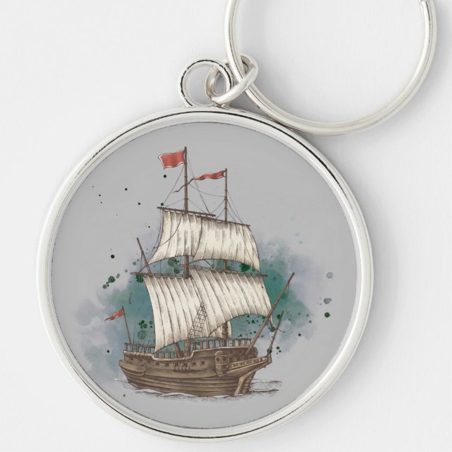Hand Drawn Ship In Bow Wave On Splash Background   Key Ring (Front)