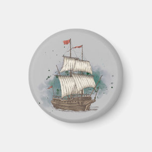 Hand Drawn Ship In Bow Wave On Splash Background Magnet