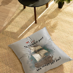 Hand Drawn Ship In Bow Wave On Splash Background T Cushion