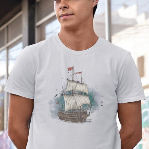 Hand Drawn Ship In Bow Wave On Splash Background T-Shirt