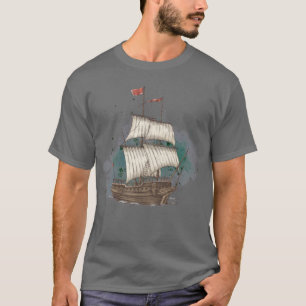 Hand Drawn Ship In Bow Wave On Splash Background   T-Shirt