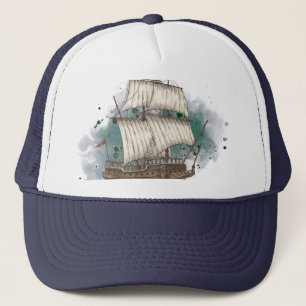 Hand Drawn Ship In Bow Wave On Splash Background Trucker Hat