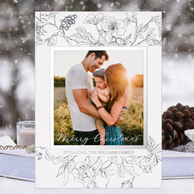 Hand Drawn Silver & White Floral Christmas (Hand drawn floral Christmas Holiday Photo card with silver foil wildflowers with white background)