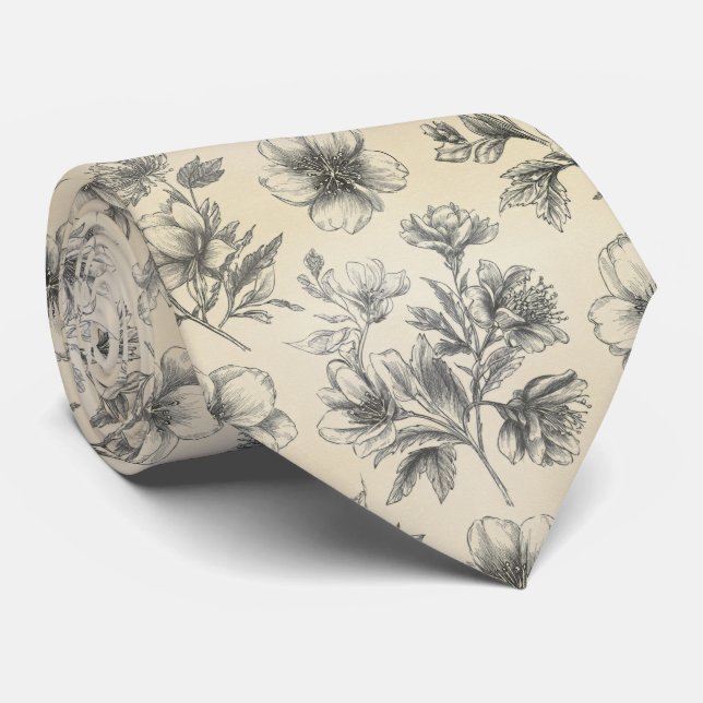 Hand-Drawn Sketch Floral Pattern Tie (Rolled)