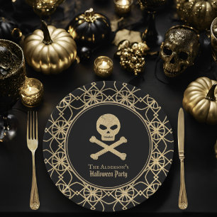 Hand Drawn Skull Gold Glitter Halloween Party Paper Plate
