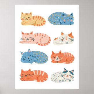 Hand-Drawn Sleepy Cats Clip Art Sheet | Cute Cat Poster