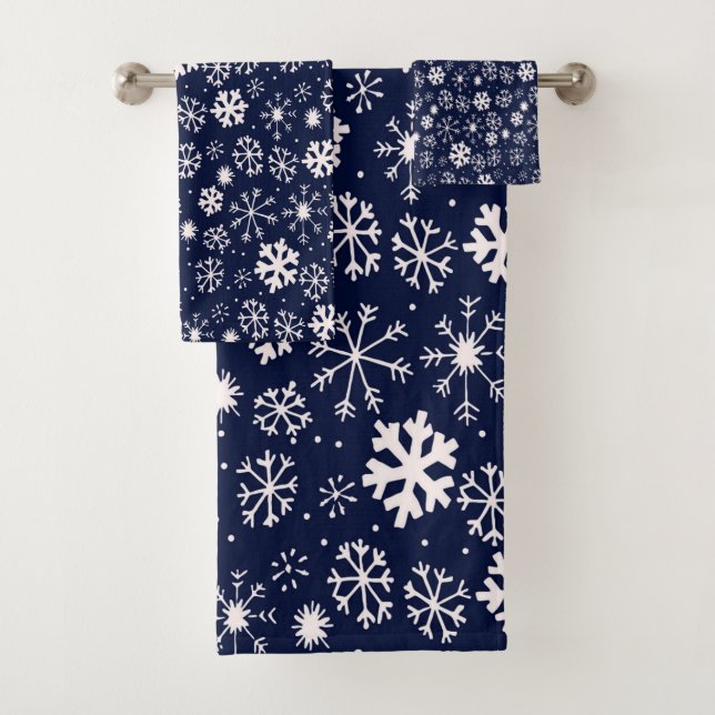 Hand Drawn Snowflake Blizzard With Navy Classic Bl Bath Towel Set (Insitu)