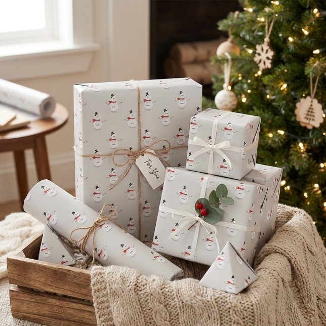 Hand-Drawn Snowman on Grey Winter Wrapping Paper (Creator Uploaded)