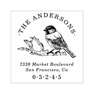 Hand-drawn Sparrow Round Name Return Address Rubber Stamp