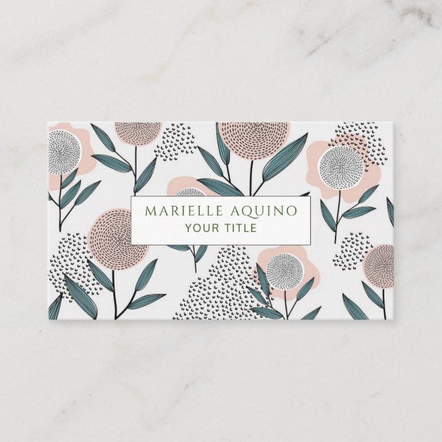 Hand Drawn Spring Floral Dusty Coral & Green Business Card (Front)