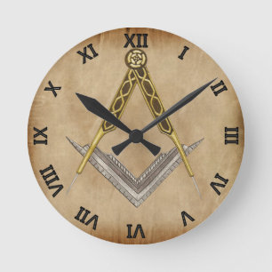 Hand Drawn Square and Compass Round Clock
