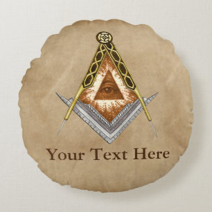 Hand Drawn Square and Compass With All Seeing Eye Round Cushion
