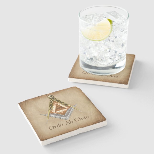 Hand Drawn Square and Compass With All Seeing Eye Stone Coaster (Side)
