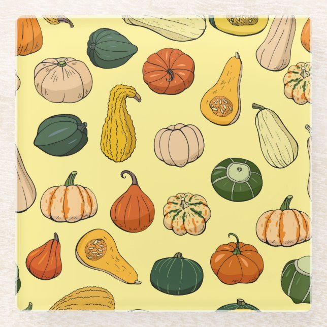 Hand-drawn squashes, seamless vegetable pattern. glass coaster (Front)