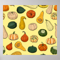 Hand-drawn squashes, seamless vegetable pattern.