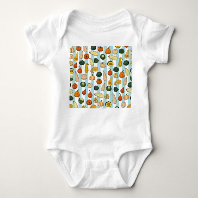 Hand-drawn squashes, striped seamless background. baby bodysuit (Front)