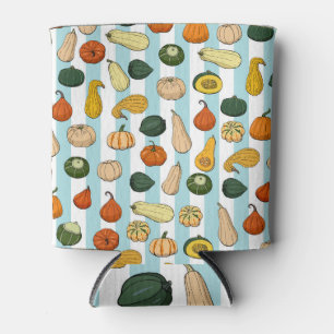 Hand-drawn squashes, striped seamless background. can cooler