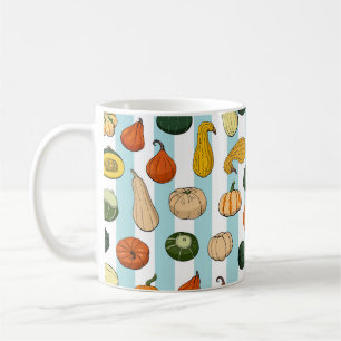 Hand-drawn squashes, striped seamless background. coffee mug