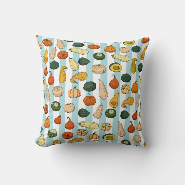 Hand-drawn squashes, striped seamless background. cushion (Front)