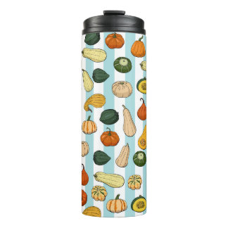 Hand-drawn squashes, striped seamless background. thermal tumbler