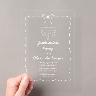 Hand Drawn Squiggle Bow & Script Graduation Party Acrylic Invitations