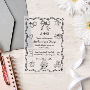 Hand drawn squiggle doodle whimsical wedding Vellum Invitations