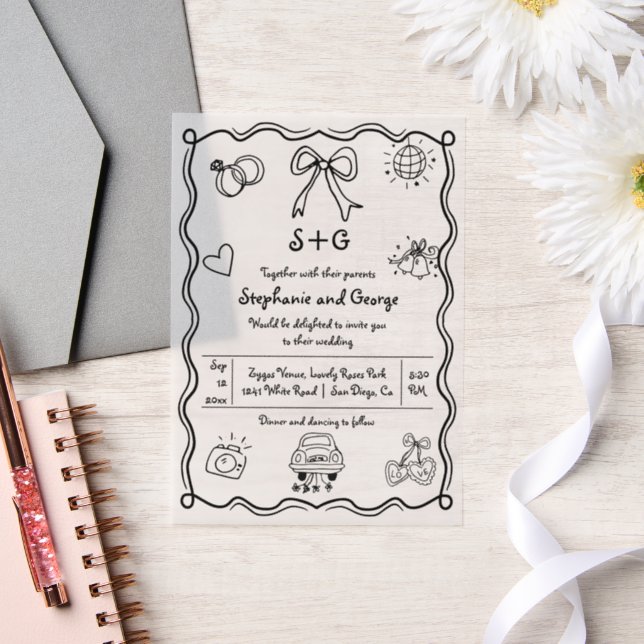  Hand drawn squiggle doodle whimsical wedding Vellum Invitations (Wedding)