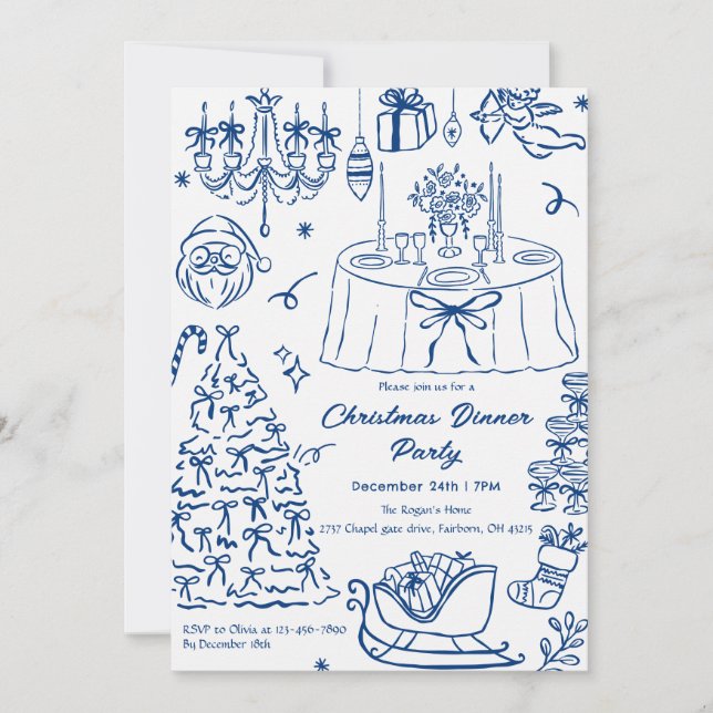 Hand Drawn Squiggle Doodles Christmas Party Invita Invitation (Front)