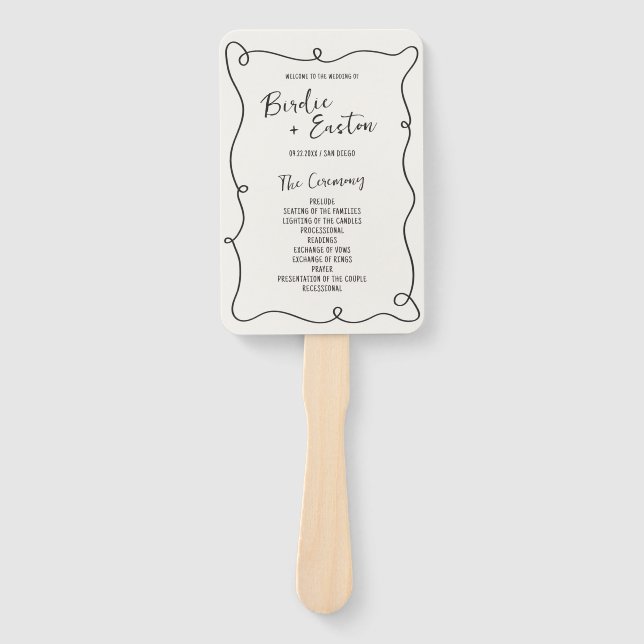 Hand Drawn Squiggle Frame Wedding Program Hand Fan (Front)