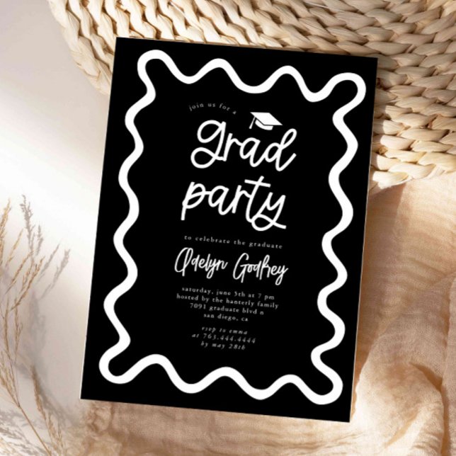 Hand Drawn Squiggly Line Black Graduation Party Invitation (Creator Uploaded)