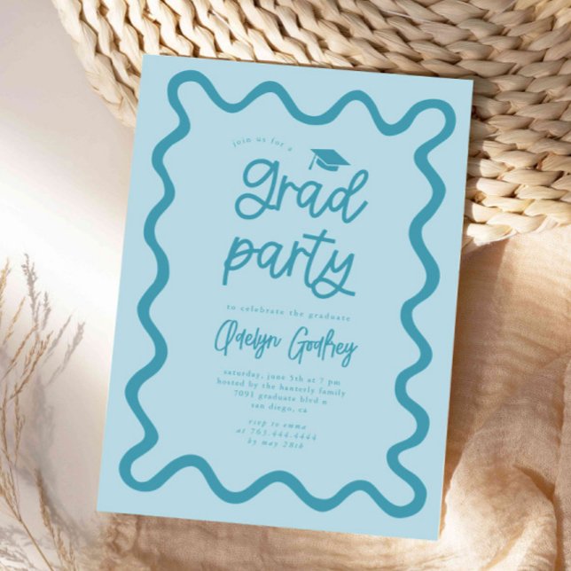 Hand Drawn Squiggly Line Blue Graduation Party Invitation (Creator Uploaded)
