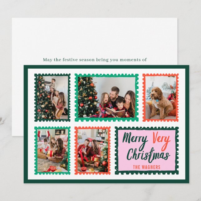 Hand Drawn Stamps Frame 5 Photo Merry Christmas  Holiday Card (Front/Back)