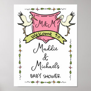 Hand drawn Stork Crest Baby Shower Welcome Sign