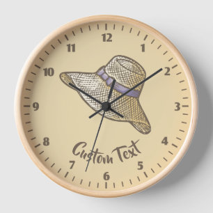 Hand Drawn Straw Hat Beige Clock