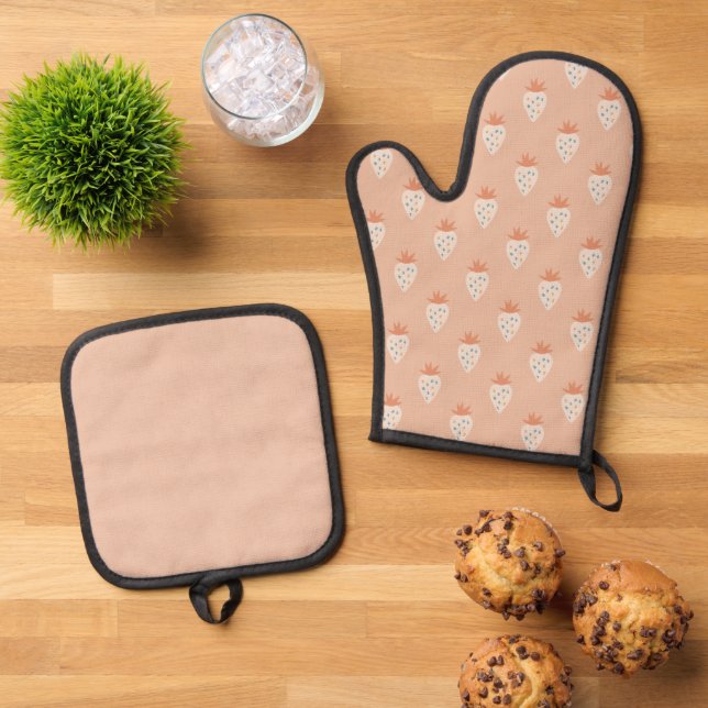 Hand Drawn Strawberry Flowers Oven Mitt & Pot Holder Set (Top Down)