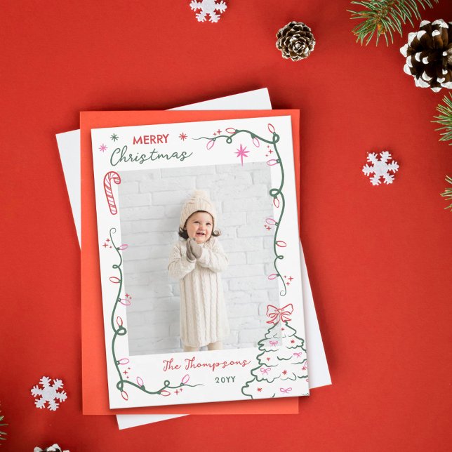 Hand-Drawn String Lights & Tree Merry Christmas Holiday Card (Creator Uploaded)