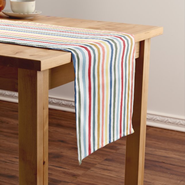 Hand-drawn stripes in mid century modern colours short table runner (In Situ)