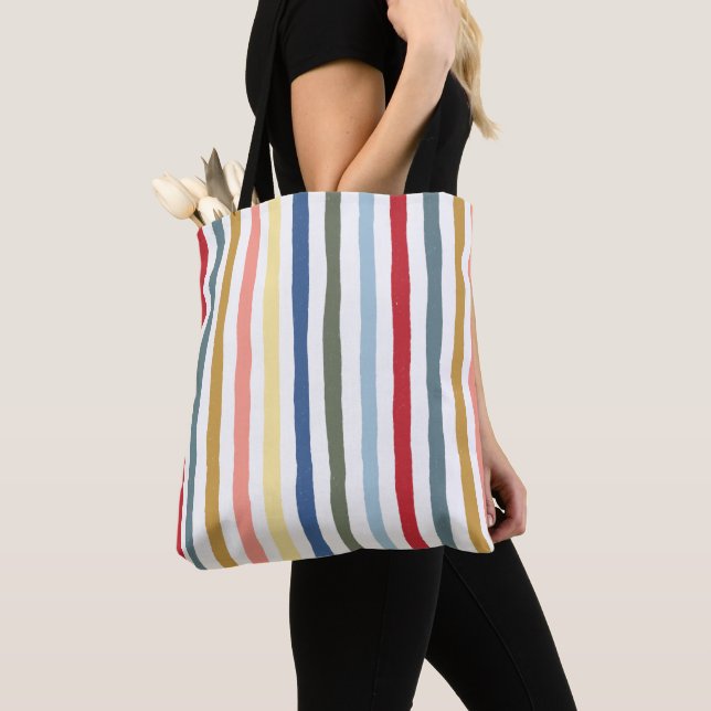 Hand-drawn stripes in mid century modern colours tote bag (Close Up)