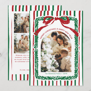 Hand Drawn Stripes & Wreath Christmas 5 Photo Holiday Card