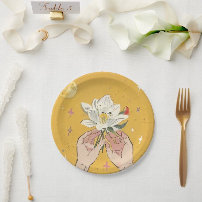 Hand Drawn Style Holding Lily Flowers Paper Plate (Wedding)
