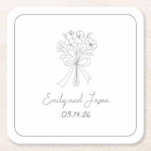 Hand Drawn Style Simple Thin Line Flowers and Bow Square Paper Coaster