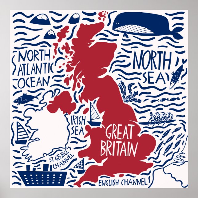 hand drawn stylised map of the United Kingdom. Tra Poster (Front)