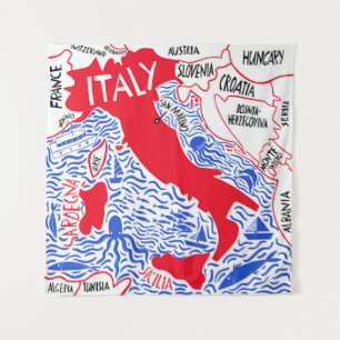 hand drawn stylized map of Italy. Travel illustrat Tapestry