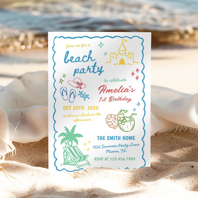 Hand-Drawn Summer Fun Custom Beach Party Invitation (Creator Uploaded)