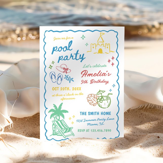 Hand-Drawn Summer Fun Custom Pool Party Invitation (Creator Uploaded)
