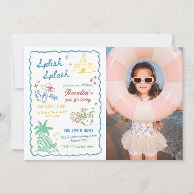 Hand-Drawn Summer Fun Custom Splish Splash Photo Invitation (Front)